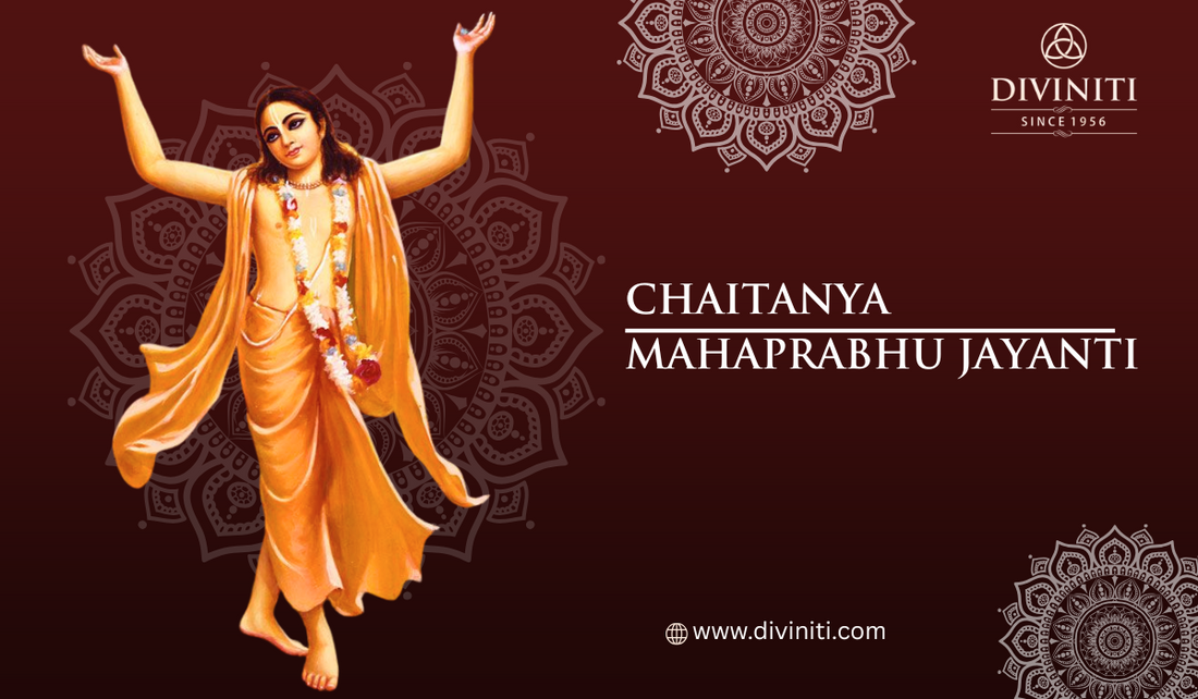This image shows an image of chaitanya mahaprabhu in divine pose and their is also mentioned a text of chaitanya Mahaprabhu Jayanti also mention a logo of diviniti.com