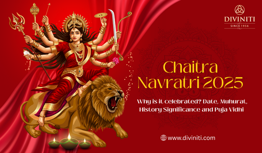 This image shows goddess durga and a text mentioned of chaitra navratri 2025 also a logo of diviniti 