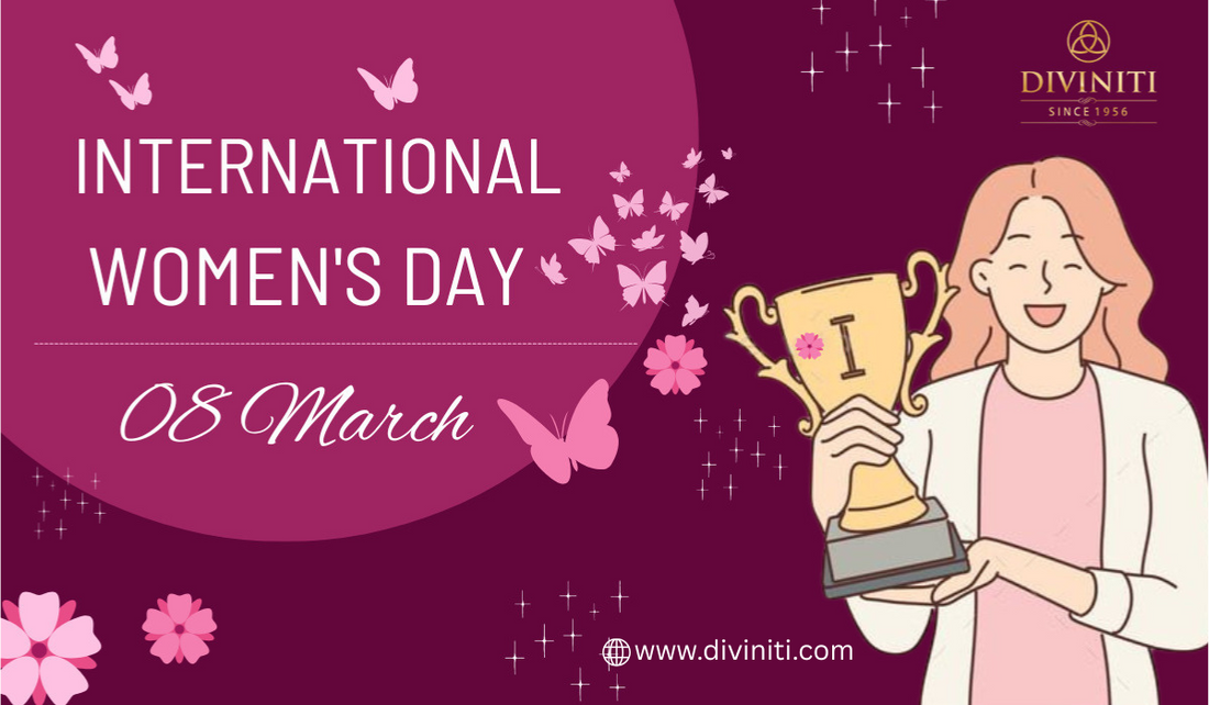 This image shows a lady holding a golden trophy and there is also mention a text International women's day 8 march with diviniti logo &nbsp;