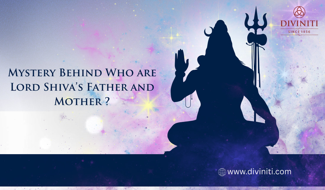 This image shows lord shiva shadow in blue colour with trishul also mentioned a text of mystery behind who are lord shiva's father and mother and also attached a logo of diviniti since 1956 with text www.diviniti.com