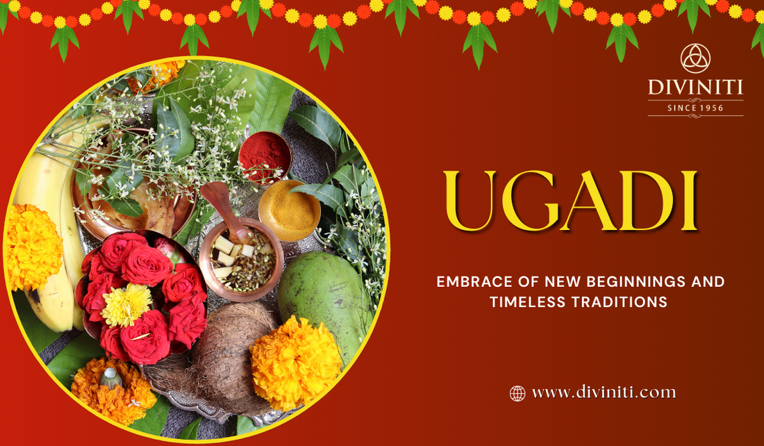 Festive Ugadi celebration with traditional items like flowers, coconuts, turmeric, betel leaves, and spices, symbolizing new beginnings and cultural heritage.