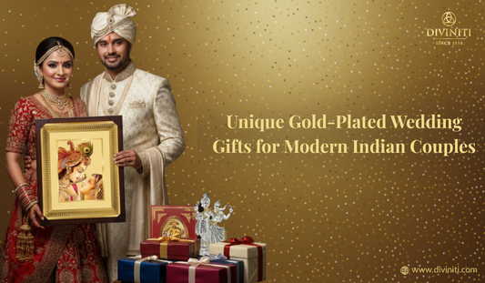 Modern Indian couple with premium 24K gold-plated spiritual wedding gifts from Diviniti