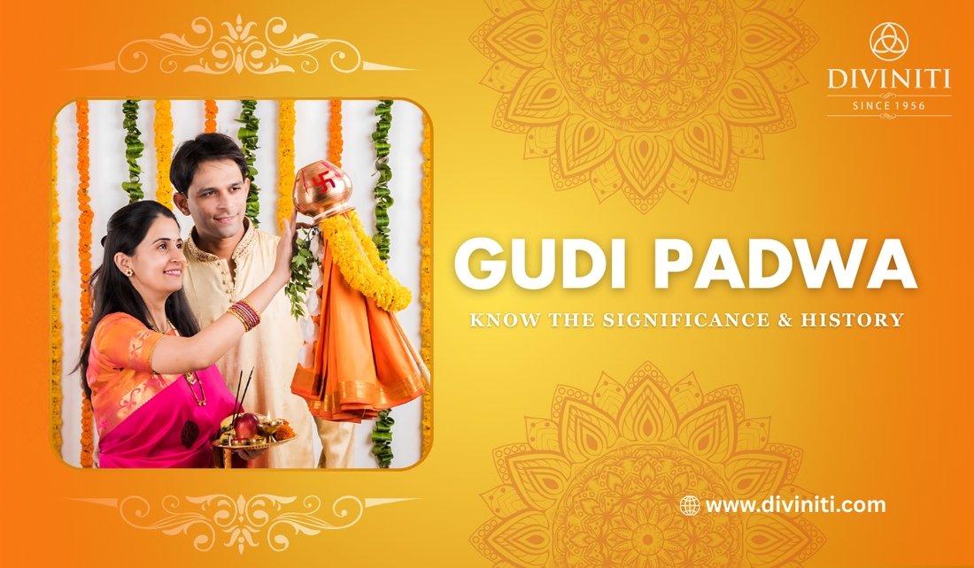 A couple celebrates Gudi Padwa, raising a decorated Gudi. The image has a warm orange background with mandala designs and text about the festival's significance