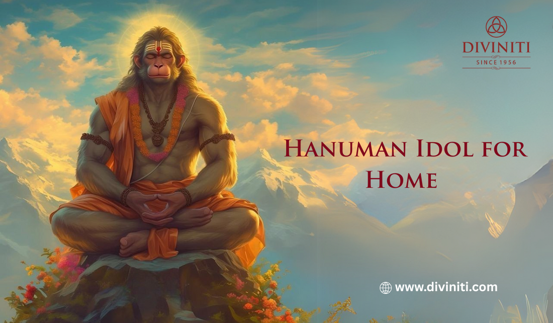 This image shows lord hanuman sitting and there is also a text hanuman Idol is best for Home with diviniti logo