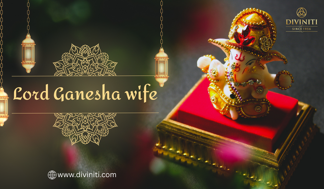 This image shows Lord Ganesha idol and text mention lord ganesha wife with diviniti logo 