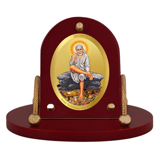 Diviniti 24K Gold Plated Foil Sai Baba Frame for Car Dashboard, Home Decor, Table & Office (8 CM x 9 CM)