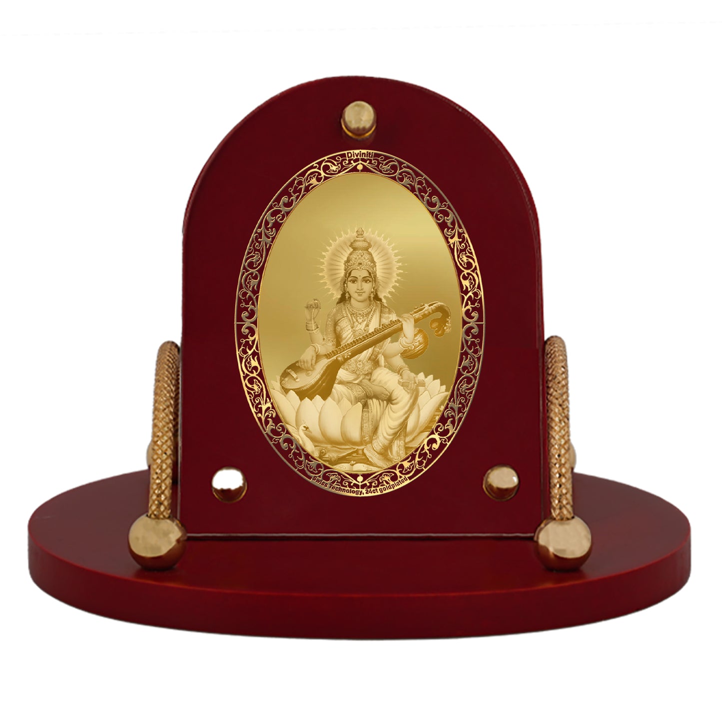 Diviniti 24K Gold Plated Foil Saraswati Mata Frame for Car Dashboard, Home Decor, Table & Office (8 CM x 9 CM)