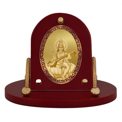 Diviniti 24K Gold Plated Foil Saraswati Mata Frame for Car Dashboard, Home Decor, Table & Office (8 CM x 9 CM)