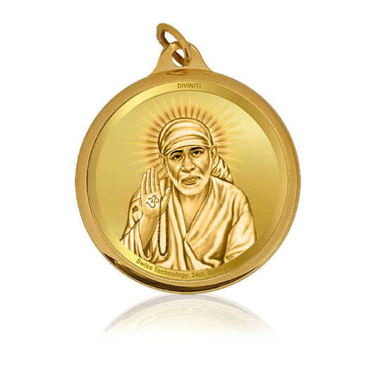 Diviniti 24K Gold Plated Sai Baba & Om 22MM Double Sided Pendant For Men, Women & Kids