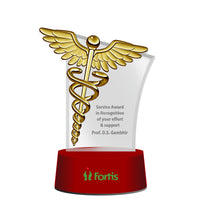 Load image into Gallery viewer, Customized MDF Base Acrylic Trophy with Matter Printed &amp; 24K Gold Plated Logo For Corporate Gifting