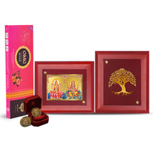 Load image into Gallery viewer, Diviniti Diwali Festival Combo Pack Of 24K Gold Plated Laxmi Ganesha and Tree of Life Photo Frame With 24K Gold Plated Laxmi Ganesha Coins &amp; OMG Rose Incense Sticks For Deepawali Pooja
