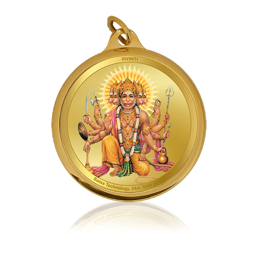 Diviniti 24K Gold Plated Lord Panchmukhi Hanuman & Yantra 22MM Double Sided Pendant For Men, Women & Kids