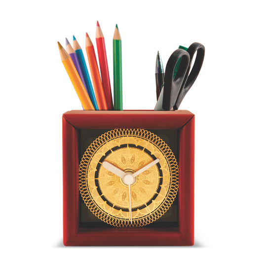 Customized MDF Pen Holder with 24K Gold Plated Ornamented Clock Frame For Corporate Gifting (8.2x9.5x8.2 cm)
