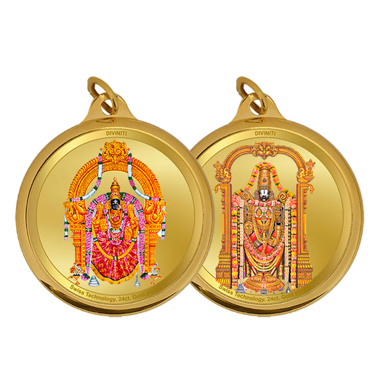 DIVINITI 24K Gold Plated Padmawati & Tirupati Balaji 18MM Double Sided Pendant For Men, Women & Kids