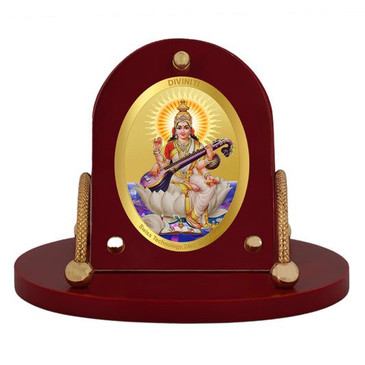 Diviniti 24K Gold Plated Foil Saraswati Mata Frame for Car Dashboard, Home Decor, Table & Office (8x9 CM)
