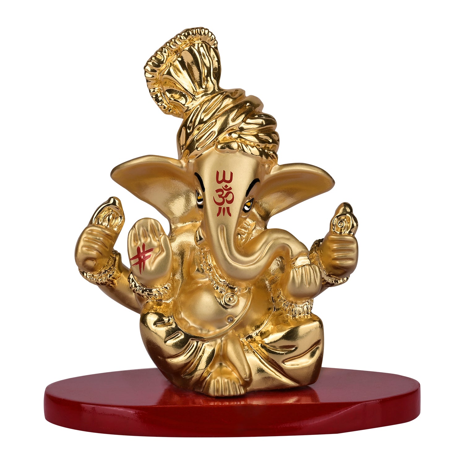 DIVINITI 24K Gold Plated Pagdi Lord Ganesha statue idol on red base, 7x7 CM, perfect for home decor or luxury gift.