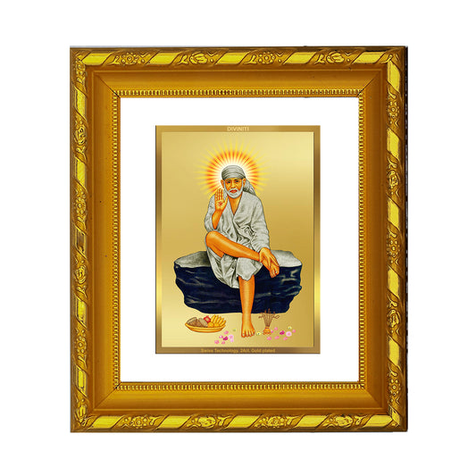 DIVINITI 24K Gold Plated Foil Sai Baba Photo Frame For Home Wall Decor, TableTop, Prayer Room (15.0 X 13.0 CM)