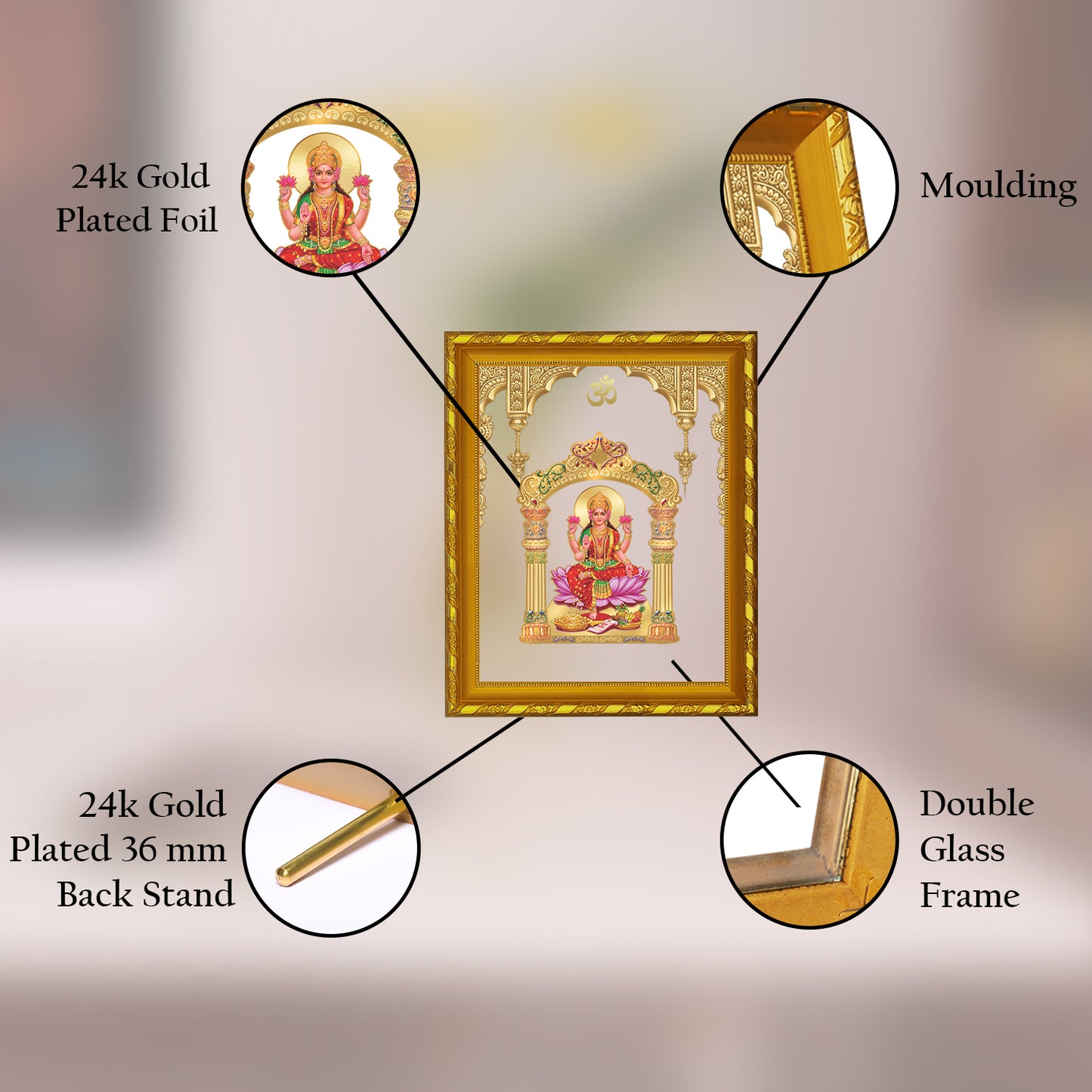 DIVINITI 24K Gold Plated Foil Goddess Lakshmi Photo Frame Idol for Puja Room, Home Wall Decor, Workshop, Table Top, Premium Gift|DG103 Size 2 (22.6x18.4 CM)
