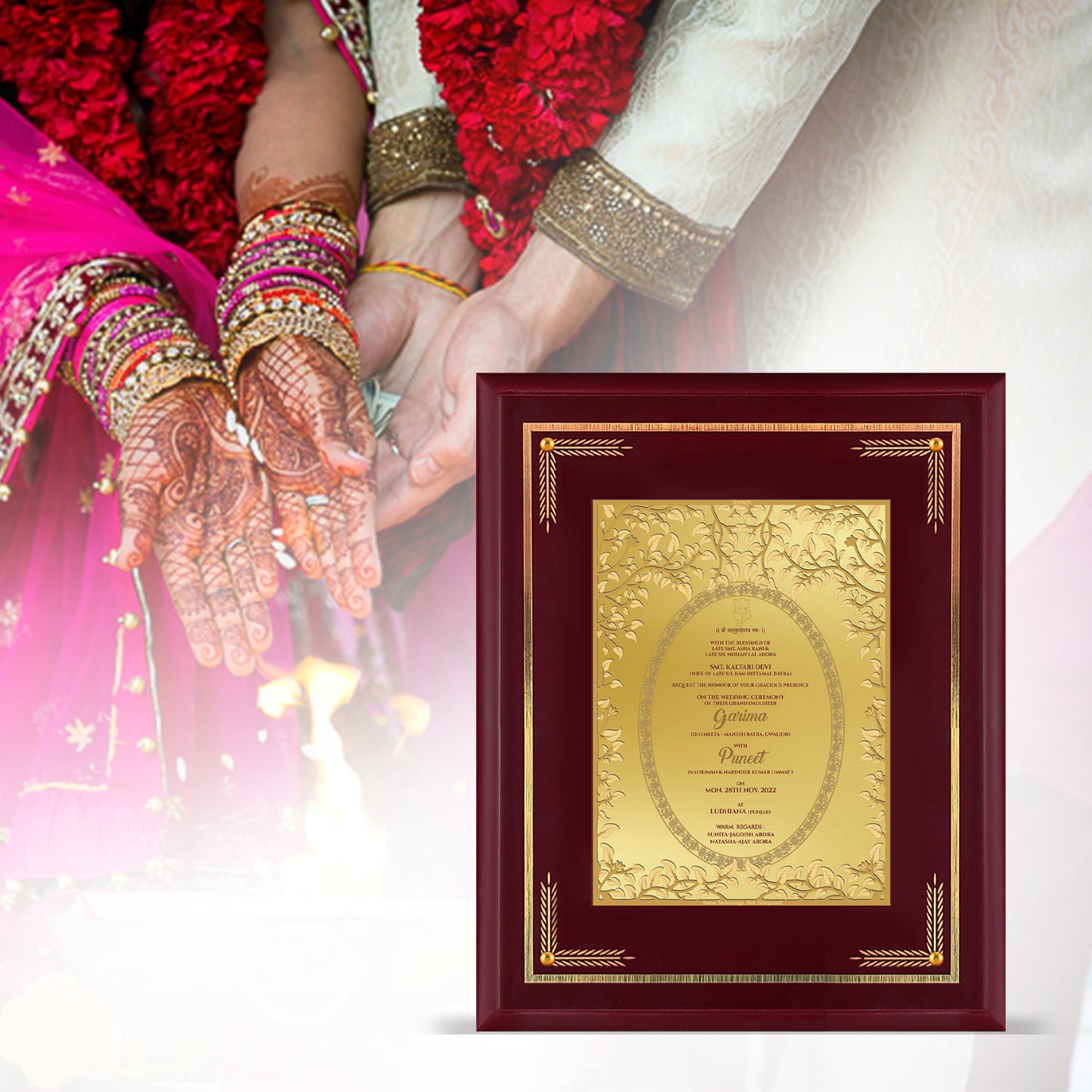 Diviniti Customized Designer Wedding Card on 24K Gold Plated Foil For Marriage Invitation Size 4