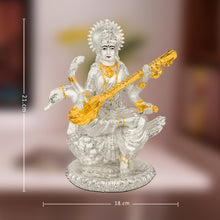 Load image into Gallery viewer, Diviniti 999 Silver Plated Saraswati Mata Idol for Home Decor Showpiece (18X21CM)