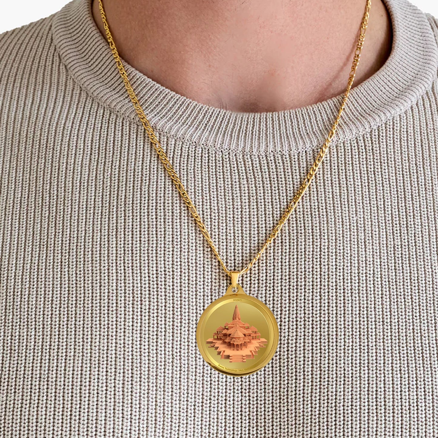 Diviniti 24K Gold Plated Lord Ram Lalla & Ram Mandir 18MM Double Sided Pendant For Men, Women & Kids