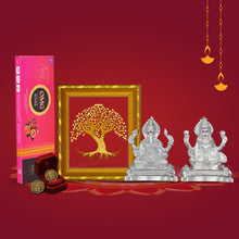 Load image into Gallery viewer, Diviniti Diwali Combo Pack of 24K Gold Plated Life of Tree Photo Frame and 999 Silver Plated Laxmi Ganesha Idol With 24K Gold Plated Laxmi Ganesha Coins &amp; OMG Rose Incense Sticks For Deepawali Pooja