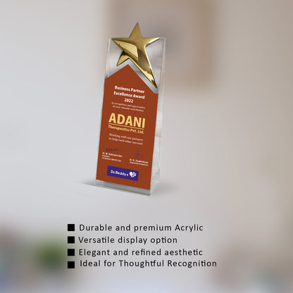 Customized Acrylic Trophy with Matter Printed & Metal Star For Corporate Gifting