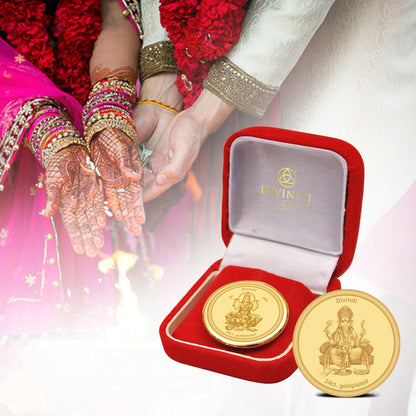 DIVINITI 24K Gold Plated Lakshmi Ganesha Coin 22MM For Wedding Gift