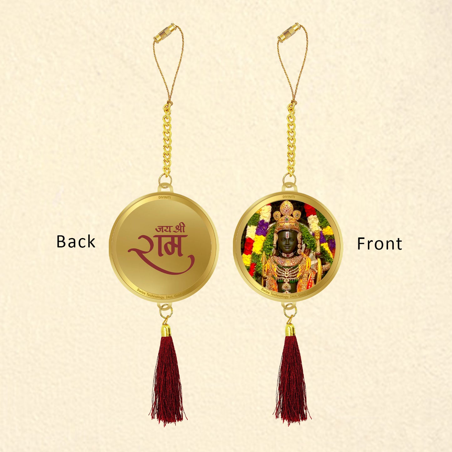 Diviniti 24K Gold Plated Double Sided Ram Lalla & Jai Shri Ram Car Dangler