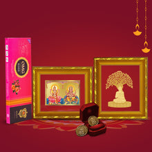 Load image into Gallery viewer, Diviniti Diwali Festival Combo Pack Of 24K Gold Plated Laxmi Ganesha and Boddhi Tree Photo Frame With 24K Gold Plated Laxmi Ganesha Coins &amp; OMG Rose Incense Sticks For Deepawali Pooja