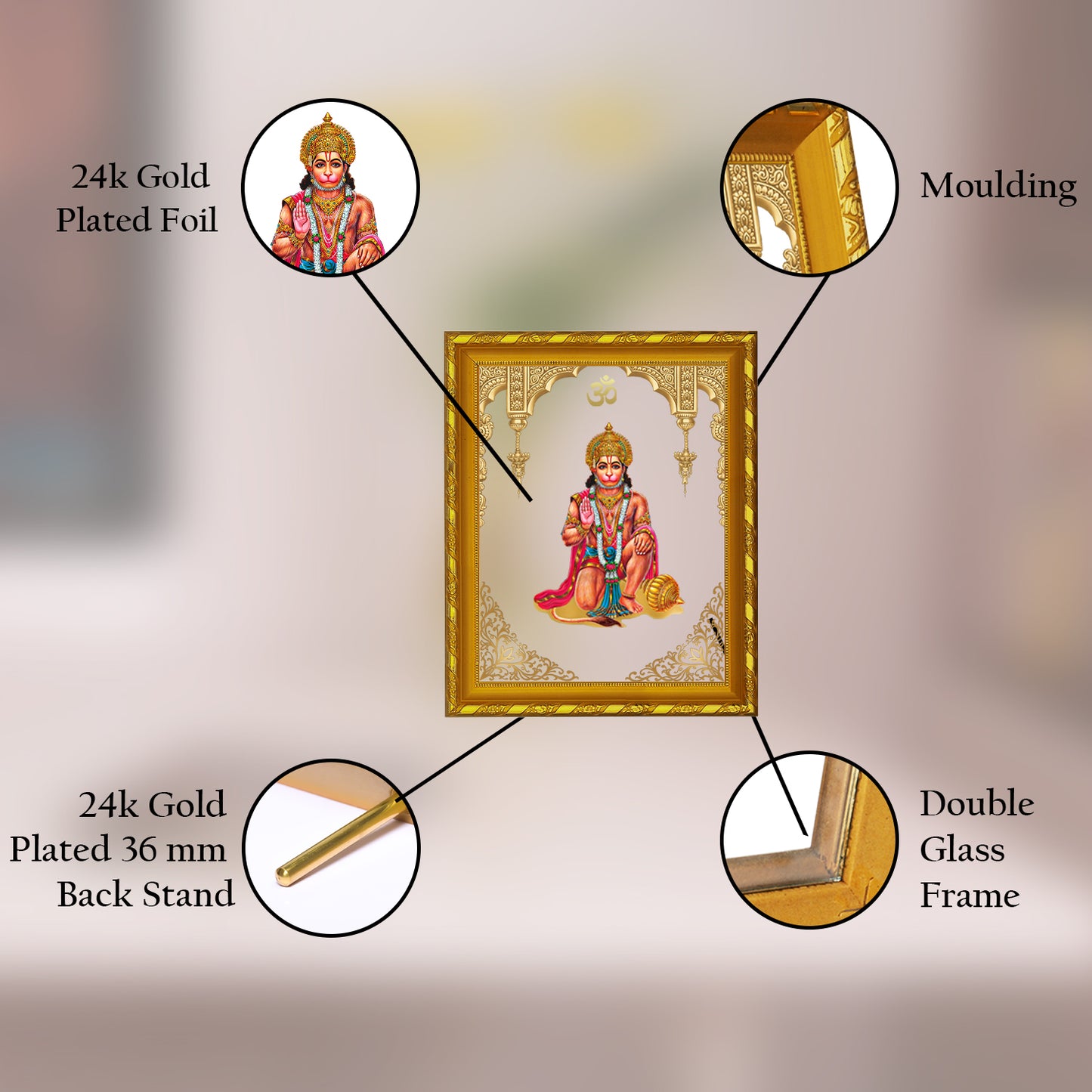DIVINITI 24K Gold Plated Foil Lord Hanuman Photo Frame Idol for Home Decor, Puja Room, Table Top, Wall Hanging, Workshop, Gift|DG103 Size 2 (22.6x18.4 CM)