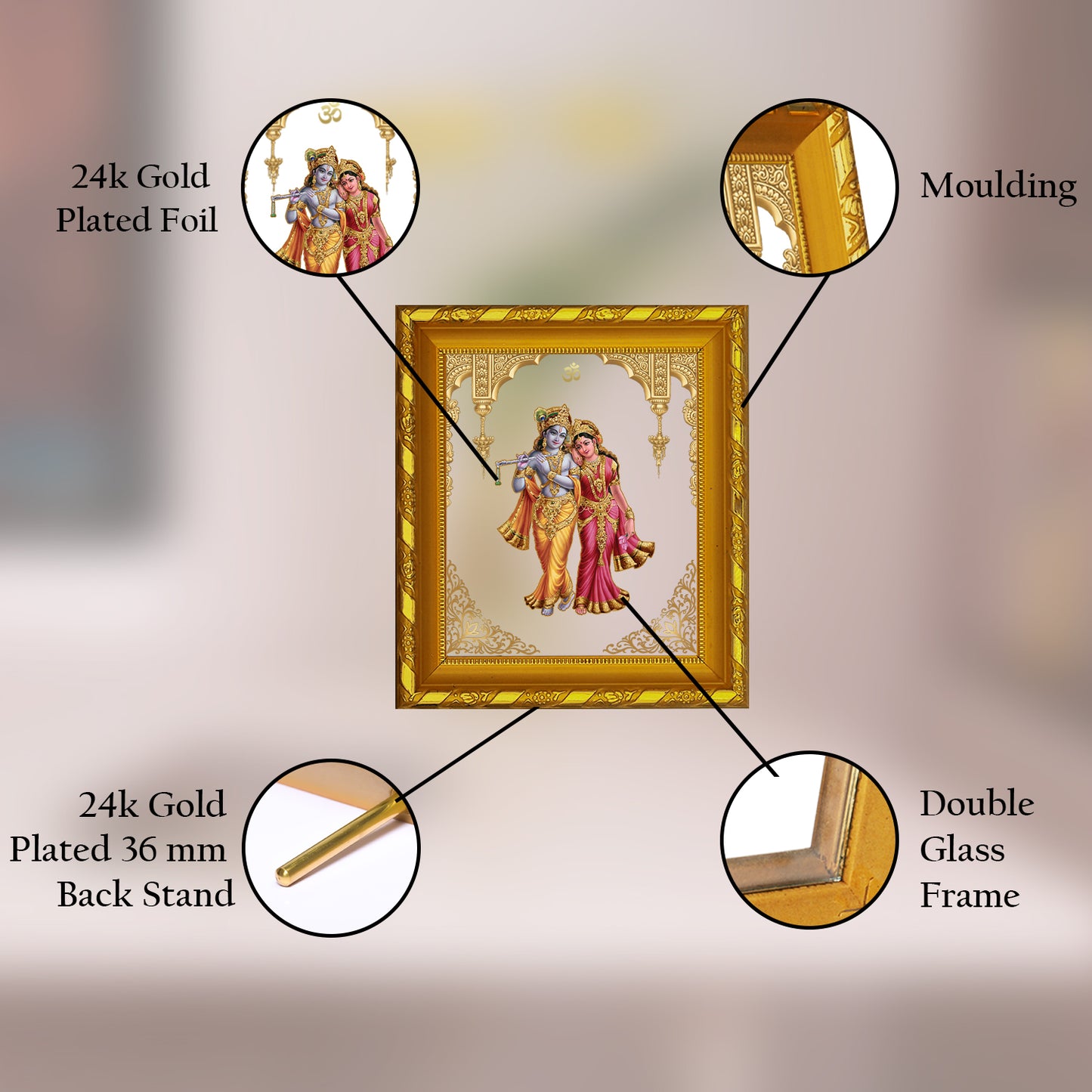 DIVINITI 24K Gold Plated Foil Radha Krishna Photo Frame for Home & Office Decor and Tabletop DG 103 Size 1 (15.3x14.9 CM)