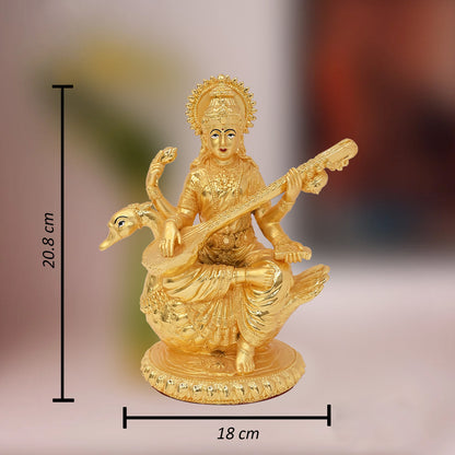 Diviniti 24K Gold Plated Goddess Saraswati Idol Statue Elegant Spiritual Symbol of Wisdom for Home & Office Décor Pooja Room Gift  (20.5x18 CM)