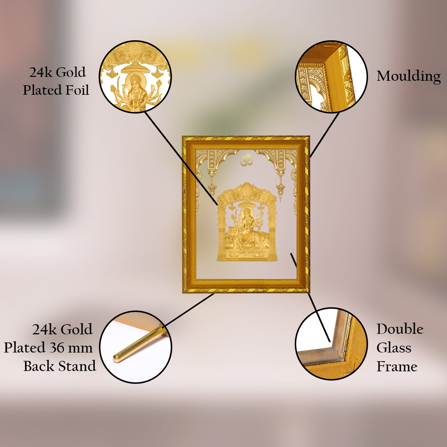Diviniti 24K Gold Plated Foil Durga Mata Photo Frame for Home Decor Showpiece (21.5x17.5 CM)
