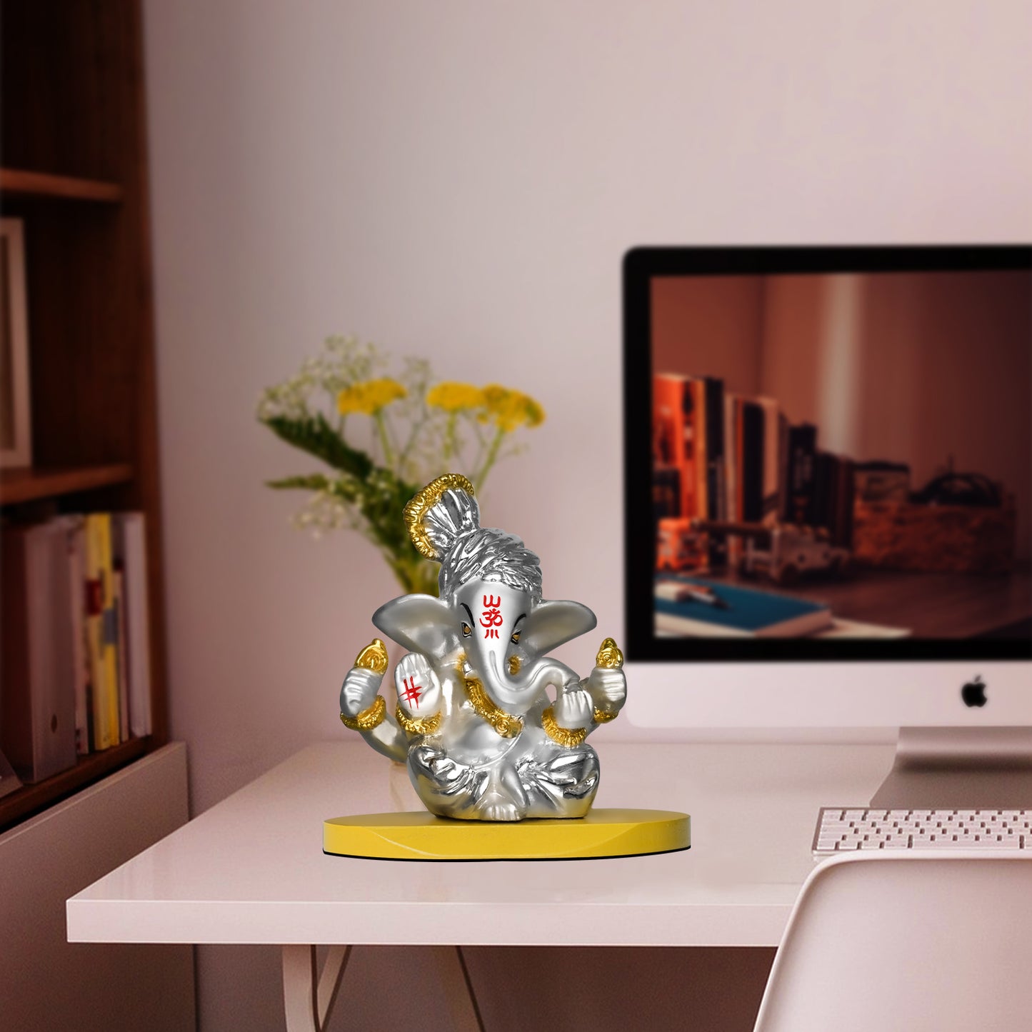 DIVINITI 999 Silver Plated Pagdi Lord Ganesha Elegant Statue Idol For Car Dashboard, Home Decor, Tabletop, Puja Room and Luxury Gift (7x7 CM)