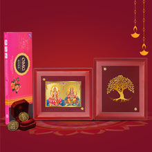 Load image into Gallery viewer, Diviniti Diwali Festival Combo Pack Of 24K Gold Plated Laxmi Ganesha and Tree of Life Photo Frame With 24K Gold Plated Laxmi Ganesha Coins &amp; OMG Rose Incense Sticks For Deepawali Pooja