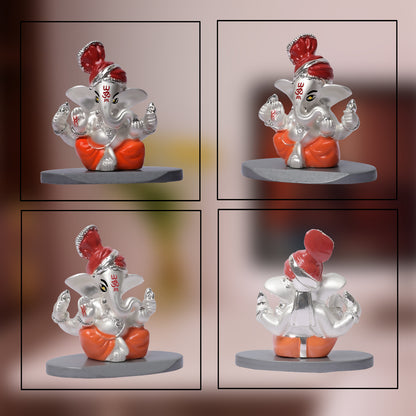 DIVINITI 999 Silver Plated Pagdi Lord Ganesha Statue Idol For Easy To Carry, Car Dashboard, Home Decor, Table Top, Puja Room, Gift (7x7 CM)