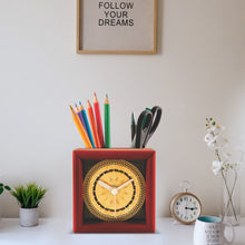 Load image into Gallery viewer, Customized MDF Pen Holder with 24K Gold Plated Ornamented Clock Frame For Corporate Gifting (8.2x9.5x8.2 cm)
