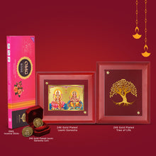 Load image into Gallery viewer, Diviniti Diwali Festival Combo Pack Of 24K Gold Plated Laxmi Ganesha and Tree of Life Photo Frame With 24K Gold Plated Laxmi Ganesha Coins &amp; OMG Rose Incense Sticks For Deepawali Pooja