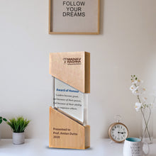 Load image into Gallery viewer, Customized Wooden Base Acrylic Trophy with Printed Matter For Corporate Gifting