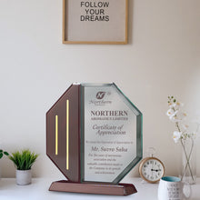 Load image into Gallery viewer, Customized MDF Base Acrylic Trophy with Matter Printed For Corporate Gifting