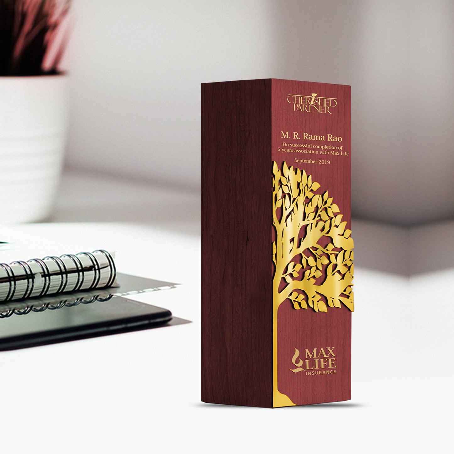 Customized Trophy with Metal Tree & Matter Printed For Corporate Gifting
