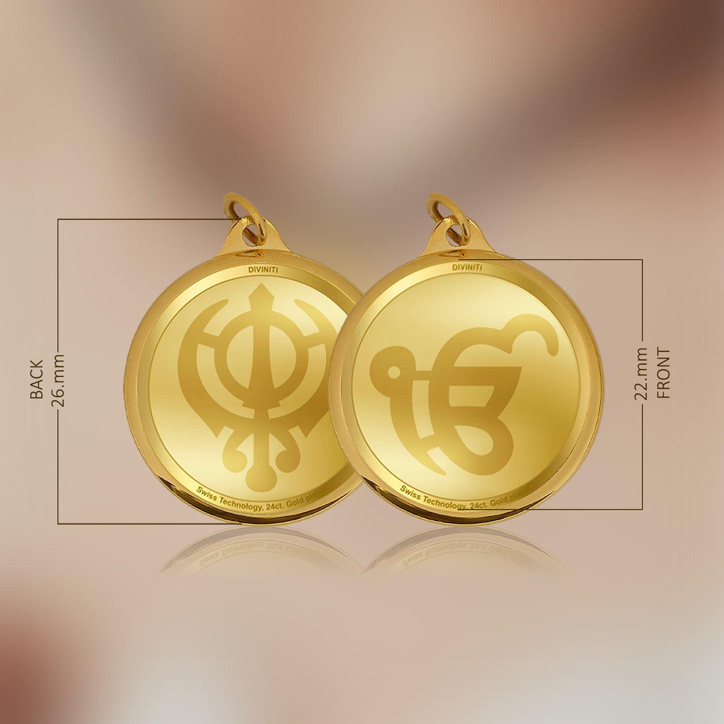 Diviniti 24K Gold Plated Khanda Sahib & Ik Onkar 22MM Double Sided Pendant For Men, Women & Kids