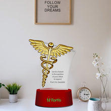 Load image into Gallery viewer, Customized MDF Base Acrylic Trophy with Matter Printed &amp; 24K Gold Plated Logo For Corporate Gifting