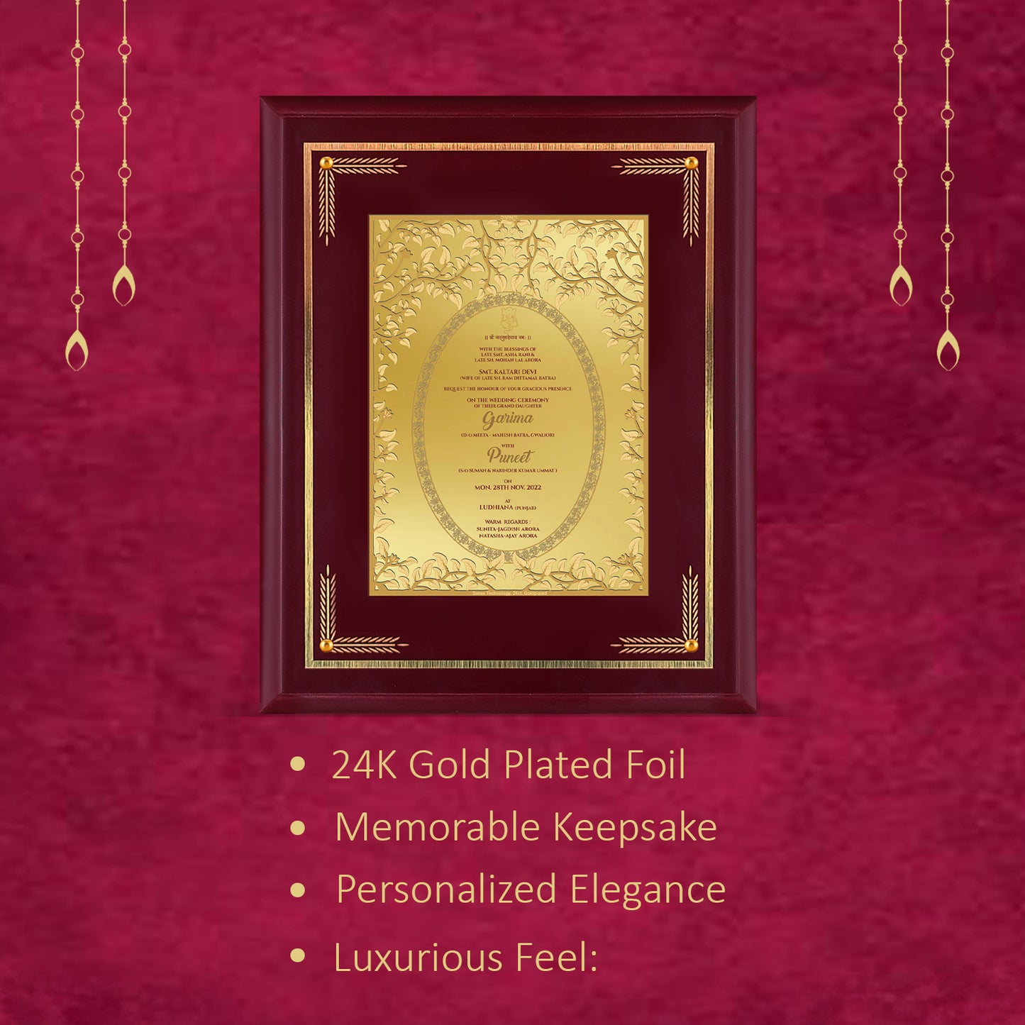 Diviniti Customized Designer Wedding Card on 24K Gold Plated Foil For Marriage Invitation Size 4