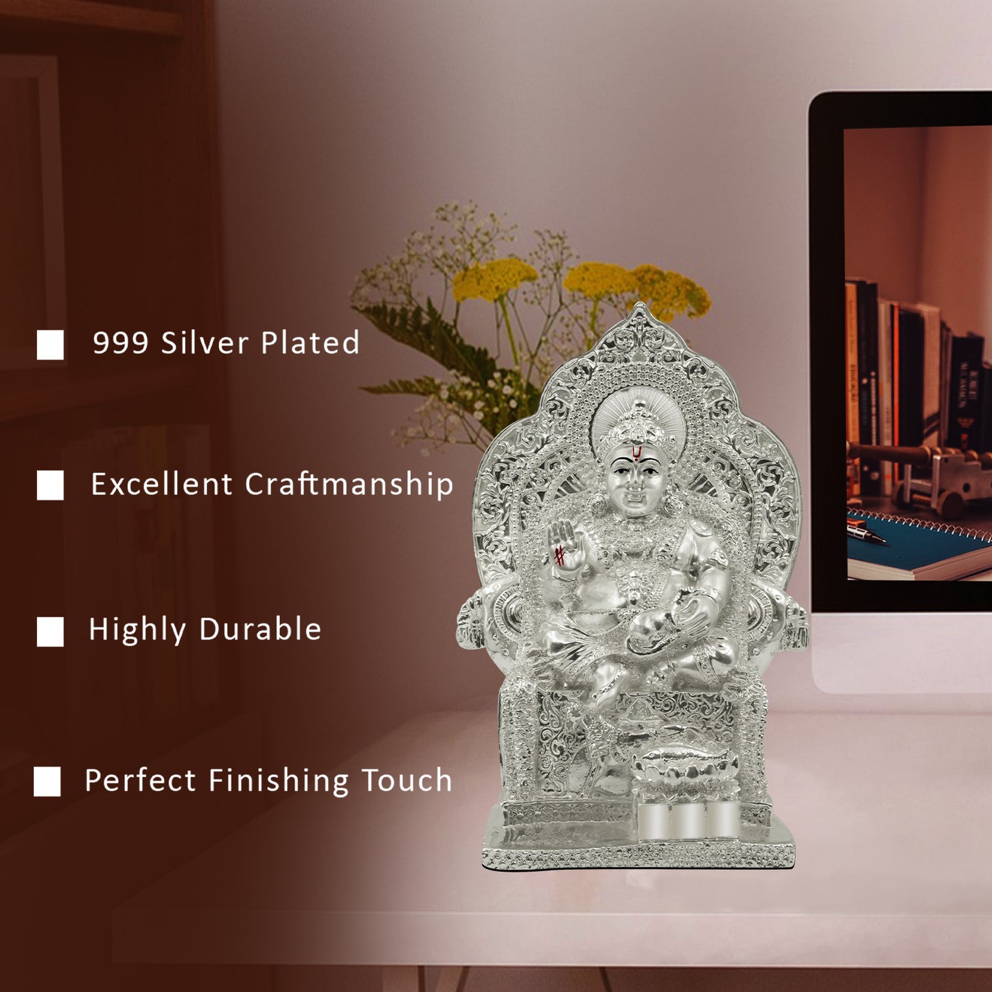 DIVINITI 999 Silver Plated Lord Kuber Statue For Wealth and Good Fortune into Your Life, Spiritual and Decorative Use Idol For Home Decor Showpiece, Office, Luxury Gift (17.5x12 CM)