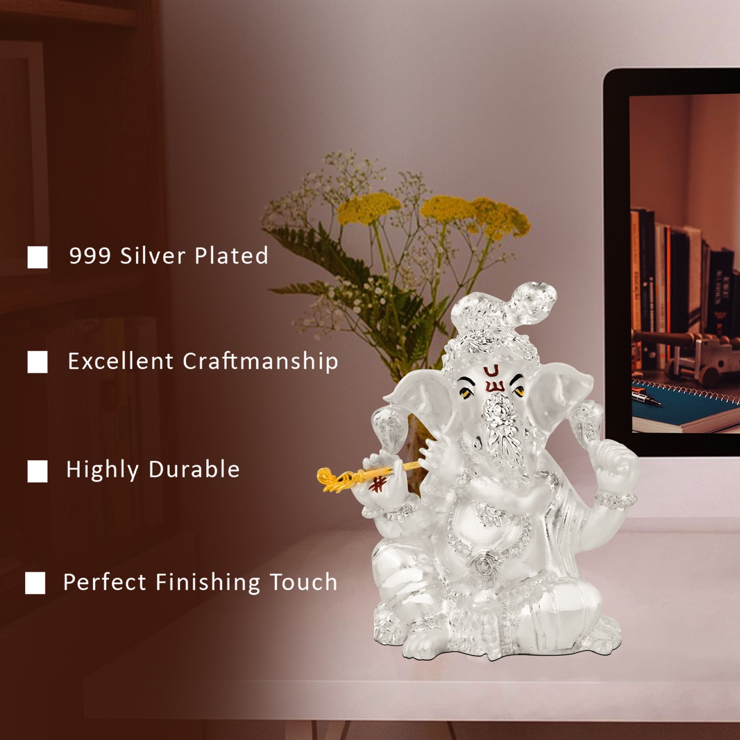 DIVINITI 999 Silver Plated Lord Ganesha Idol Statue For Home Decor, Workshop, Office, Showpiece (11x8.5 CM)