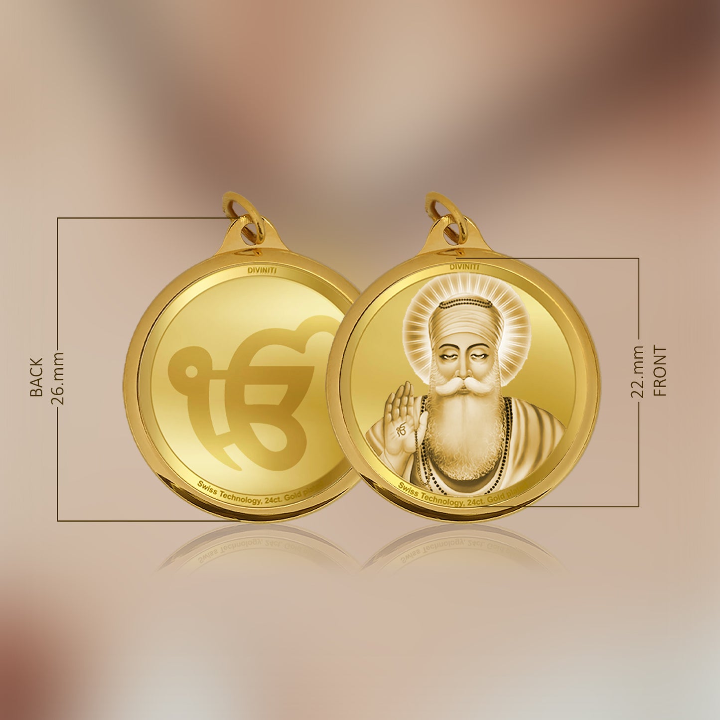 Diviniti 24K Gold Plated Guru Nanak & Ek Omkar 22MM Double Sided Pendant For Men, Women & Kids