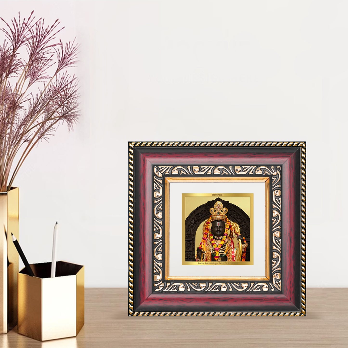 DIVINITI 24K Gold Plated Lord Ram Lalla Photo Frame Idol for Home Decor, Workshop, Puja Room, Wall Hanging, Table Top, Gifts|DG105S1A (10x10 CM)