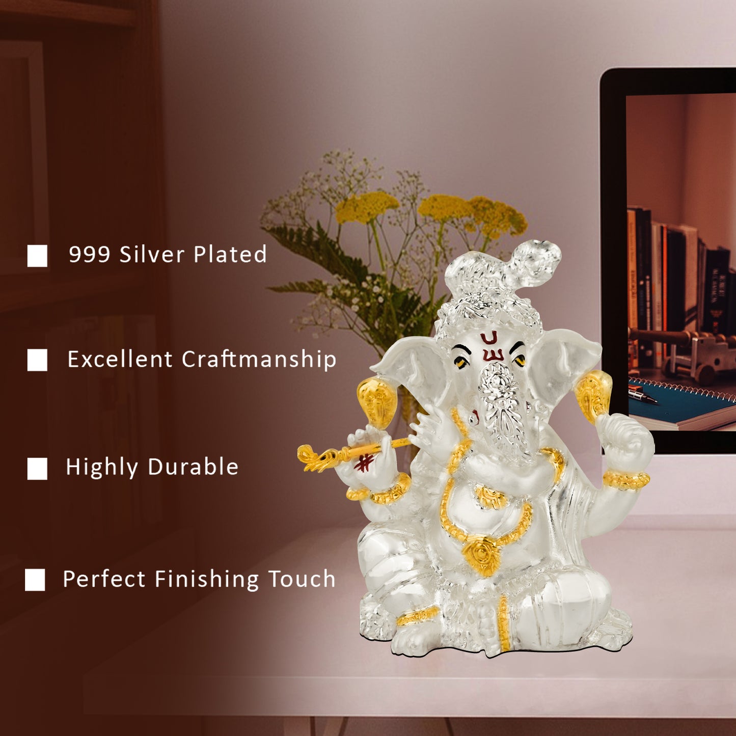 DIVINITI 999 Silver Plated Lord Ganesha Statue For Making Every Occasion Special, Representation of Love, Joy, and Prosperity Idol For Office Decor (11X8.5CM)